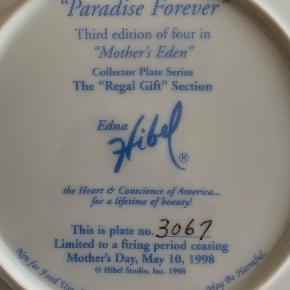 Edna Hibel collectors plate….Paradise Forever